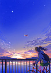 Rule 34 | 1girl, absurdres, backpack, bag, bicycle, bug, cloud, dragonfly, dusk, evening, facing away, highres, insect, jacket, original, ponytail, reflection, riding, riding bicycle, santo moco, scenery, skirt, sky, solo, star (sky), starry sky, water