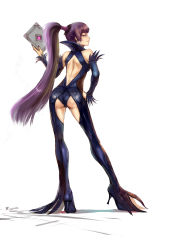 Rule 34 | 10s, 1girl, ass, backless outfit, bare back, bare shoulders, blue eyes, book, charimei, detached sleeves, dragon nest, earrings, female focus, full body, hand on own hip, high heels, highres, hip focus, jewelry, legs, long hair, looking back, nail polish, ponytail, purple hair, purple nails, shoes, simple background, solo, sorceress (dragon nest), standing, very long hair