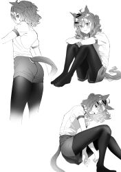 Rule 34 | 1girl, absurdres, ahoge, animal ears, ass, bad anatomy, bad hands, blush, braid, clothing cutout, commentary request, cowboy shot, earrings, french braid, greyscale, hair between eyes, hair ornament, highres, horse ears, horse girl, horse tail, jewelry, jungle pocket (umamusume), looking at viewer, medium hair, monochrome, multiple views, nayuta ggg, notched ear, original race uniform (umamusume), pantyhose, puffy short sleeves, puffy sleeves, short sleeves, shorts, simple background, single earring, sweat, tail, tail through clothes, tracen training uniform, triangle mouth, umamusume, white background, x hair ornament