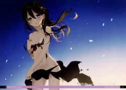 Rule 34 | 1girl, 2016, absurdres, bikini, black bikini, black hair, blue eyes, blue sky, blush, breasts, cleavage, collarbone, floating hair, groin, hair between eyes, hair down, hair ornament, highres, kantai collection, long hair, looking at viewer, naoto (tulip), navel, open mouth, outdoors, page number, shigure (kancolle), shigure kai ni (kancolle), shiny skin, sky, small breasts, solo, swimsuit, untied bikini