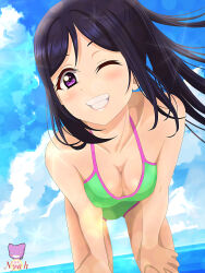 Rule 34 | 1girl, absurdres, bare shoulders, blue hair, breasts, cleavage, highres, looking at viewer, love live!, love live! sunshine!!, matsuura kanan, medium breasts, outdoors, ponytail, smile, solo, swimsuit, user sjah7745