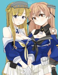 Rule 34 | ..., 2girls, absurdres, bare shoulders, black gloves, black neckerchief, black sailor collar, blonde hair, blue background, breasts, brown eyes, brown hair, cleavage, closed mouth, fletcher (kancolle), gloves, hair rings, headgear, heywood l. edwards (kancolle), highres, johnston (kancolle), kantai collection, kosame (iso), long hair, looking at viewer, medium breasts, multiple girls, neckerchief, parted lips, pleated skirt, sailor collar, school uniform, serafuku, simple background, skirt, spoken ellipsis, star (symbol), two side up, white gloves, white sailor collar, white skirt, yellow neckerchief