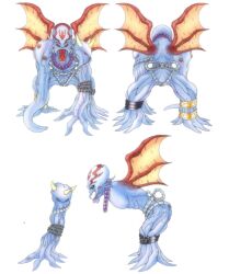 Rule 34 | 1boy, bandai, belt, chain, character sheet, dagomon, demon wings, digimon, digimon (creature), electricity, fangs, full body, horns, jewelry, looking at viewer, multiple views, necklace, no humans, official art, open mouth, red eyes, scan, sharp teeth, solo, teeth, tentacles, white background, wings