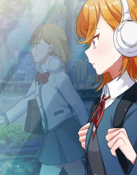 Rule 34 | 1girl, absurdres, backpack, bag, blue cardigan, bow, bowtie, cardigan, closed mouth, different reflection, from side, grey skirt, headphones, headphones around neck, highres, holding strap, light blush, light rays, long sleeves, love live!, love live! superstar!!, medium hair, naarann, neck ribbon, orange hair, parted lips, profile, purple eyes, red bow, red ribbon, reflection, ribbon, school bag, school uniform, shibuya kanon, skirt, smile, sunbeam, sunlight, walking, white cardigan, yuigaoka school uniform