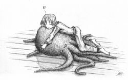 Rule 34 | 1girl, angry, artist request, barefoot, copyright request, fuzzy, greyscale, happy, heart, lying, monochrome, octopus, pajamas, photoshop (medium), sketch, smile, solo, tentacles