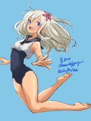 Rule 34 | 1girl, barefoot, black neckerchief, black sailor collar, blonde hair, blue background, blue eyes, blue one-piece swimsuit, character name, crop top, dated, flower, full body, hair flower, hair ornament, highres, kantai collection, long hair, neckerchief, one-piece swimsuit, open mouth, ro-500 (kancolle), sailor collar, school swimsuit, shirt, simple background, sleeveless, sleeveless shirt, smile, solo, swimsuit, swimsuit under clothes, tan, teeth, twitter username, umibudou, upper teeth only