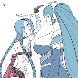 Rule 34 | bare shoulders, blue hair, braid, breasts, fingerless gloves, flat chest, gloves, highres, jinx (league of legends), korean commentary, korean text, large breasts, league of legends, long hair, looking at viewer, multiple girls, open mouth, ranger squirrel, smile, sona (league of legends), tattoo, translation request, twin braids, twintails, very long hair