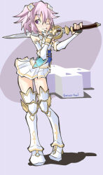 Rule 34 | 1girl, adapted costume, armor, artist name, bare shoulders, boots, d-pad, d-pad hair ornament, foolintisimo, hair between eyes, hair ornament, holding, holding sword, holding weapon, knight, armored boots, neptune (neptunia), neptune (series), one eye closed, paladin, purple eyes, purple hair, skirt, solo, sword, thigh boots, tongue, tongue out, weapon