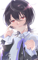 1boy ahoge black_hair collar crying crying_with_eyes_open ensemble_stars! hair_between_eyes highres lace_trim loose_hair_strand male_focus medium_hair multicolored_clothes open_mouth purple_ribbon red_eyes ribbon sakuma_ritsu senaga_(pivo) sleeves_past_wrists solo streaming_tears tears white_background white_collar wiping_tears