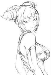 Rule 34 | 1girl, back, breasts, capcom, detached sleeves, drill hair, greyscale, halterneck, han juri, large breasts, looking at viewer, monochrome, oetaro, sideboob, simple background, smile, solo, street fighter, street fighter iv (series), twin drills, white background