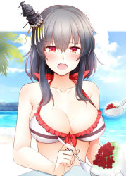 Rule 34 | 1girl, beach, black hair, blue sky, breasts, cleavage, cloud, day, food, gradient sky, hair between eyes, hair ornament, ice cream, kantai collection, large breasts, looking at viewer, ocean, palm tree, red eyes, rui shi (rayze ray), short hair, sitting, sky, solo, spoon, swimsuit, tree, yamashiro (kancolle), yamashiro kai ni (kancolle)