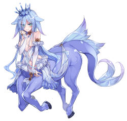 Rule 34 | 1girl, animal ears, bare shoulders, blush, breasts, bridal gauntlets, centaur, character profile, collar, covered navel, crown, dorsal fin, empty eyes, fins, fish tail, green eyes, kelpie (monster girl encyclopedia), kenkou cross, light smile, long hair, looking at viewer, monster girl, monster girl encyclopedia, official art, one eye covered, revealing clothes, small breasts, solo, tail, taur, very long hair