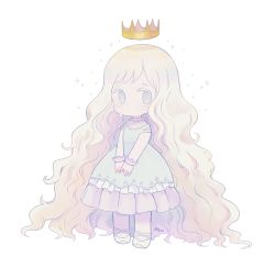 Rule 34 | 1girl, absurdly long hair, ayu (mog), blonde hair, blue dress, blue eyes, bright pupils, choker, crown, crying, dress, full body, long hair, looking at viewer, mixed-language commentary, original, own hands together, pink choker, pleated skirt, purple skirt, shoes, short sleeves, signature, simple background, skirt, solo, sparkle, standing, tears, very long hair, white background, white footwear, wristband