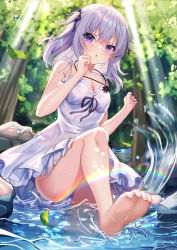 Rule 34 | 1girl, :o, absurdres, bare arms, bare shoulders, barefoot, blurry, blurry background, blush, bow, breasts, cleavage, day, depth of field, dress, foreshortening, frilled dress, frills, hair between eyes, hair bow, hands up, highres, long hair, medium breasts, original, outdoors, parted lips, purple bow, purple eyes, rainbow, shanguier, silver hair, sleeveless, sleeveless dress, solo, splashing, standing, standing on one leg, sunlight, tree, two side up, water, white dress