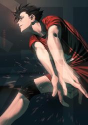 Rule 34 | 1boy, black hair, from below, gym shirt, gym shorts, gym uniform, haikyuu!!, kinsatsu (grizzled), knee brace, knee pads, kuroo tetsurou, male focus, own hands together, playing sports, red shirt, red shorts, shirt, short hair, shorts, smile, solo, sportswear, sweat, volleyball, volleyball uniform