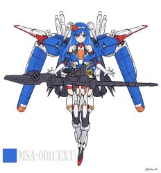 Rule 34 | 1girl, blue hair, boots, breasts, brown eyes, ex-s gundam, gloves, gun, gundam, gundam sentinel, highres, i.takashi, looking down, mecha musume, medium breasts, open hands, personification, skindentation, smile, solo, thigh boots, thighhighs, v-fin, v-shaped eyebrows, weapon, white background, white gloves