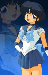Rule 34 | 1990s (style), bishoujo senshi sailor moon, blue hair, cosplay, crossover, gloves, ranma 1/2, retro artstyle, sailor mercury (cosplay), skirt, smile, tendou akane