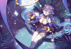 Rule 34 | 1girl, bare shoulders, black gloves, blue hair, blue hood, breasts, claw ring, detached sleeves, drill hair, drill sidelocks, genshin impact, gloves, hair between eyes, highres, hood, hood up, jewelry, layla (genshin impact), lino chang, long hair, long sleeves, looking at viewer, medium breasts, open mouth, pantyhose, pointy ears, puffy sleeves, sidelocks, smile, solo, very long hair, yellow eyes
