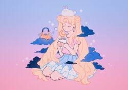 Rule 34 | 1girl, animal, animal on head, bishoujo senshi sailor moon, blonde hair, blue skirt, closed eyes, cloud, cloud print, crescent, crescent facial mark, cup, double bun, facial mark, full body, gradient background, hair bun, highres, holding, holding cup, long hair, meyoco, on head, pink background, pink shirt, pleated skirt, print skirt, purple background, rabbit, seiza, shirt, shirt tucked in, sitting, skirt, solo, sparkle, teapot, tsukino usagi, twintails, very long hair