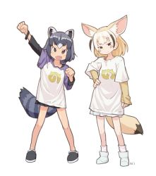 Rule 34 | 10s, 2girls, adapted costume, animal ears, black hair, blonde hair, bracelet, clenched hand, commentary request, common raccoon (kemono friends), fang, fennec (kemono friends), fox ears, fox tail, grey hair, hand on own hip, hand up, japari symbol, jewelry, kemono friends, long sleeves, multicolored hair, multiple girls, open mouth, pleated skirt, raccoon ears, raccoon tail, shirt, short hair, short sleeves, skirt, smile, socks, t-shirt, tail, tessaku ro