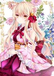 Rule 34 | 1girl, animal ear fluff, animal ears, bare shoulders, bell, blonde hair, blush, bow, breasts, brown eyes, cat ears, closed mouth, commentary request, detached sleeves, floral background, floral print, frilled sleeves, frills, hair bell, hair between eyes, hair bow, hair ornament, highres, japanese clothes, jingle bell, kimono, long hair, long sleeves, looking at viewer, medium breasts, nanase kureha, nanase nao, original, pink kimono, print kimono, print sleeves, red bow, sleeveless, sleeveless kimono, solo, very long hair, wide sleeves