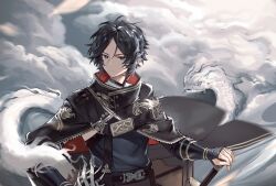 Rule 34 | 1boy, absurdres, arknights, armor, black cape, black hair, black shirt, blue eyes, cape, chinese clothes, chinese commentary, closed mouth, cloud, commentary request, dragon, eastern dragon, fantasy, glint, high collar, highres, looking at viewer, male focus, parted bangs, pointy ears, red cape, shirt, short hair, solo, two-sided cape, two-sided fabric, upper body, ushio (user uwpm8532), vambraces, zuo le (arknights)