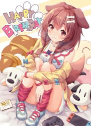 Rule 34 | 1girl, animal ears, bare shoulders, blue bow, blush, bone hair ornament, bow, braid, breasts, brown hair, cartoon bone, cleavage, closed mouth, commentary request, controller, dog ears, dog girl, dog tail, dress, futo-inu, game controller, grey footwear, hair between eyes, hair ornament, hair over shoulder, happy birthday, highres, hololive, hoso-inu, hugging own legs, inugami korone, inugami korone (1st costume), jacket, knees up, listener (inugami korone), long sleeves, low twintails, medium breasts, minazuki mizu, nintendo switch, off shoulder, open clothes, open jacket, pigeon-toed, red bow, red eyes, red socks, shoes, sitting, sleeveless, sleeveless dress, smile, socks, tail, thick eyebrows, twin braids, twintails, virtual youtuber, white dress, yellow jacket