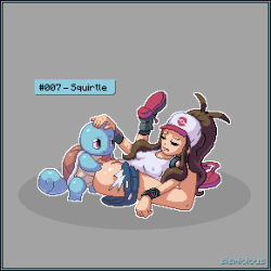 Rule 34 | 1girl, ass, baseball cap, bottomless, brown hair, closed eyes, creatures (company), cunnilingus, game freak, gen 1 pokemon, hand on another&#039;s head, hat, hilda (pokemon), nintendo, oral, pixel art, pokemon, pokemon (creature), pussy, sismicious, squirtle