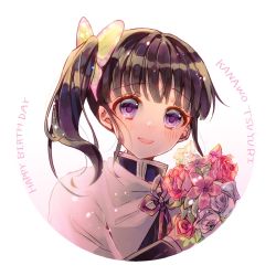 Rule 34 | 1girl, :d, black hair, black jacket, blush, bouquet, butterfly hair ornament, cape, character name, commentary request, flower, hair ornament, happy birthday, highres, holding, holding bouquet, jacket, kimetsu no yaiba, long hair, long sleeves, looking at viewer, naoton, open mouth, pink flower, pink rose, purple eyes, rose, side ponytail, smile, solo, tsuyuri kanao, upper body, white background, white cape, white flower, white rose