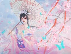 Rule 34 | 1girl, absurdres, bare shoulders, blue sky, bug, butterfly, cherry blossoms, chi lian (qin shi ming yue), dress, falling petals, flower, hair bun, hair flower, hair ornament, highres, holding, holding umbrella, insect, medium hair, off-shoulder dress, off shoulder, parted lips, petals, pink dress, qinshi mingyue, sash, sky, solo, streamers, tiara, umbrella, upper body, xinyue dao ying yuan