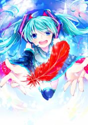 Rule 34 | 1girl, :d, absurdres, black footwear, blue eyes, blue hair, blue nails, boots, detached sleeves, feathers, floating hair, frilled shirt, frills, grey shirt, hair between eyes, hatsune miku, headphones, headset, highres, long hair, looking at viewer, microphone, miniskirt, nail polish, open mouth, pleated skirt, red feathers, shirayuki towa, shirt, skirt, sleeveless, sleeveless shirt, smile, solo, thigh boots, thighhighs, twintails, very long hair, vocaloid