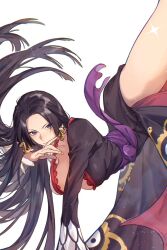 Rule 34 | 1girl, artist name, black dress, black hair, blue eyes, boa hancock, breasts, cleavage, closed mouth, dress, earrings, finger to mouth, floating hair, high kick, jewelry, jyukawa, kicking, large breasts, long hair, looking at viewer, multicolored clothes, multicolored dress, one piece, patterned clothing, plunging neckline, purple sash, sash, side slit, solo, sparkle, thighs, very long hair, white background, white dress