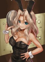 Rule 34 | 10s, 1girl, abazu-red, animal ears, bare shoulders, blonde hair, blue eyes, breasts, cleavage, fake animal ears, girls und panzer, green eyes, grin, hair intakes, hand on own hip, kay (girls und panzer), large breasts, long hair, looking at viewer, playboy bunny, rabbit ears, smile, solo, twitter username, upper body, wrist cuffs