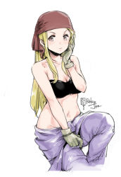 Rule 34 | 1girl, bandana, bare arms, bare shoulders, black tube top, blonde hair, blush, breasts, cleavage, closed mouth, clothes pull, collarbone, commentary, crotch, dot nose, expressionless, feet out of frame, frown, fullmetal alchemist, gloves, grey eyes, grey gloves, groin, hand on own cheek, hand on own face, leg up, long hair, looking away, medium breasts, midriff, navel, pants, pants pull, pulled by self, purple pants, red bandana, relaxjon, shiny skin, sidelocks, signature, simple background, solo, straight hair, strapless, tube top, v-shaped eyebrows, very long hair, white background, winry rockbell