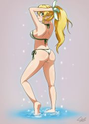 Rule 34 | 10s, 1girl, ass, bare shoulders, barefoot, bikini, blonde hair, blush, bra, breasts, elf, from behind, green eyes, hair ornament, highres, large breasts, leafa, long hair, looking at viewer, panties, pointy ears, ponytail, shiny skin, smile, solo, sonicbluespeed, swimsuit, sword art online, underwear, water
