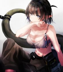 Rule 34 | 1girl, arknights, black hair, blue eyes, breasts, cleavage, crop top, eunectes (arknights), eunectes (forgemaster) (arknights), highres, jio (baku zugogo), large breasts, midriff, pointy ears, sitting, snake tail, sweat, tail, tool belt, wiping sweat