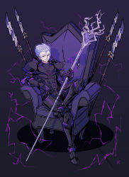 Rule 34 | absurdres, apoloniodraws, armor, chair, crossed legs, electricity, highres, original, polearm, purple eyes, purple theme, smile, solo, spear, weapon, white hair