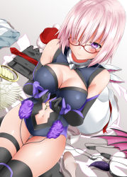 Rule 34 | 1girl, animal ears, bag, bikini, black bikini, black thighhighs, blush, bodysuit, breasts, cleavage, cleavage cutout, closed mouth, clothing aside, clothing cutout, collar, collared dress, cowboy shot, detached collar, dress, dutch angle, fate (series), feathers, from above, glasses, gorget, gradient background, grey background, hair over one eye, hairband, halterneck, hat, holding, indoors, legs together, leotard, looking at viewer, mash kyrielight, mash kyrielight (dangerous beast), micro bikini, navel cutout, necktie, official alternate costume, pink hair, pom pom (clothes), purple bikini, purple eyes, rabbit ears, red hat, red necktie, santa hat, shirosuzu, short hair, sitting, sweater, swimsuit, thigh gap, thigh strap, thighhighs, thighs, thong bikini, wings