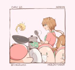 Rule 34 | 1girl, animal ears, apron, ayunda risu, brown hair, cooking, flipping food, food, fried rice, green eyes, hat, highres, holding, holding ladle, hololive, hololive indonesia, kyoraku (weng3133), ladle, long hair, open mouth, oven mitts, plate, squirrel ears, squirrel girl, virtual youtuber, wok