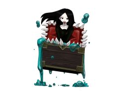 Rule 34 | 1girl, black hair, black shirt, bmp-to-png conversion, collarbone, extra mouth, floating liquid, game cg, in container, jumping, keyhole, long hair, long sleeves, looking at viewer, mimic, minelli (mon-musu quest!), mon-musu quest!, non-web source, red eyes, setouchi (blackse), sharp teeth, shirt, simple background, slime (substance), smile, solo, teeth, tongue, tongue out, transparent background, treasure chest, v-shaped eyebrows, v-shaped eyes