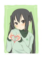 Rule 34 | 1girl, blush, green background, heart, heart hands, k-on!, long hair, mushi baibai, nakano azusa, simple background, solo
