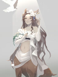 Rule 34 | 1girl, absurdres, animal ears, banno watari, bare shoulders, breasts, brown fur, brown hair, centauroid, clothing cutout, collarbone, commentary request, cowboy shot, daisy, deer ears, deer girl, deer tail, dress, ear tag, flower, flower wreath, green eyes, hair flower, hair ornament, hand up, head wreath, highres, holding, holding wreath, jessica (reverse:1999), long hair, long sleeves, monster girl, multiple legs, navel, navel cutout, parted bangs, parted lips, reverse:1999, sidelocks, simple background, sleeves past wrists, small breasts, smile, solo, standing, stomach, strapless, strapless dress, tail, taur, underbust, wavy hair, white background, white dress, white flower