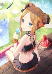 Rule 34 | 1girl, abigail williams (emerald float) (fate), abigail williams (fate), bare shoulders, bikini, black bikini, black bow, blonde hair, blue eyes, blurry, blurry foreground, blush, bow, butt crack, commentary request, day, depth of field, double bun, emerald float, fate/grand order, fate (series), food, fruit, hair bow, hair bun, hand up, highres, holding, holding food, hyonee, long hair, looking at viewer, looking back, multiple hair bows, official alternate costume, orange bow, outdoors, parted bangs, parted lips, plate, polka dot, polka dot bow, popsicle, sidelocks, sitting, solo, swimsuit, veranda, water, watermelon, wind chime