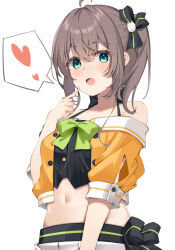 Rule 34 | 1girl, ahoge, aqua eyes, black camisole, black ribbon, bow, breasts, brown hair, camisole, cat hair ornament, collarbone, commentary, crop top, cropped jacket, erubusubori, fang, finger to mouth, green bow, hair between eyes, hair ornament, hair ribbon, halterneck, heart, highres, hololive, jacket, medium hair, midriff, natsuiro matsuri, natsuiro matsuri (1st costume), navel, off-shoulder jacket, off shoulder, open mouth, orange jacket, pinstripe camisole, pinstripe pattern, pleated skirt, ribbon, short sleeves, side ponytail, simple background, skin fang, skirt, small breasts, solo, spaghetti strap, speech bubble, spoken heart, striped, virtual youtuber, white background, white skirt