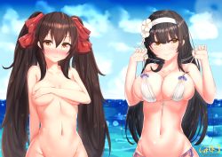 Rule 34 | 2girls, alternate costume, arm across chest, arm behind back, beach, bikini, bikini tug, black hair, blue sky, blush, breast lift, breasts, brown eyes, brown hair, cleavage, closed mouth, cloud, collarbone, commentary request, covering privates, covering breasts, dated, day, flower, girls&#039; frontline, gmkj, groin, hair between eyes, hair flower, hair ornament, hair ribbon, hairband, highres, large breasts, long hair, looking at viewer, multiple girls, navel, nude, ocean, out-of-frame censoring, outdoors, red ribbon, ribbon, sidelocks, signature, skindentation, sky, smile, standing, stomach, swimsuit, twintails, type 95 (girls&#039; frontline), type 97 (girls&#039; frontline), very long hair, white bikini, white hairband, yellow eyes