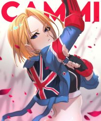 Rule 34 | 1girl, arm up, black sports bra, blonde hair, blue eyes, blue jacket, cammy white, character name, commentary, cropped jacket, facial scar, fingerless gloves, gloves, highres, jacket, midriff, petals, pointing, pointing at viewer, print jacket, rawder, scar, scar on cheek, scar on face, short hair, solo, spanish commentary, spanish text, sports bra, street fighter, street fighter 6, typo, union jack, upper body, vambraces