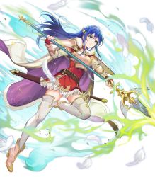 Rule 34 | 1girl, ankle boots, armor, belt, blue eyes, blue hair, boots, breastplate, caeda (fire emblem), cape, closed mouth, dress, elbow gloves, feathers, fingerless gloves, fire emblem, fire emblem: mystery of the emblem, fire emblem heroes, full body, fur trim, gloves, gold trim, hair ornament, haru (hiyori-kohal), high heel boots, high heels, highres, holding, holding weapon, leg up, long hair, looking away, nintendo, non-web source, official art, pink footwear, polearm, short dress, short sleeves, shoulder armor, skirt, solo, spear, sword, thighhighs, transparent background, weapon, white thighhighs, zettai ryouiki