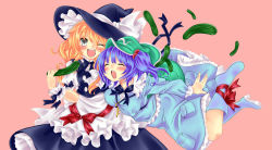 Rule 34 | 2girls, backpack, bag, blonde hair, blue eyes, blue hair, boots, braid, breasts, cucumber, female focus, food, hair bobbles, hair ornament, hat, jumping, kawashiro nitori, key, kilkennycat, kirisame marisa, large breasts, long hair, multiple girls, one eye closed, open mouth, randoseru, short hair, touhou, twintails, two side up, wink, witch, witch hat