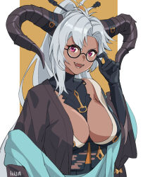Rule 34 | 1girl, artist name, between breasts, black gloves, black kimono, breasts, clothes between breasts, dark-skinned female, dark skin, elbow gloves, fangs, fediel (granblue fantasy), fediel (soul soother&#039;s finery) (granblue fantasy), fikkyun, glasses, gloves, granblue fantasy, grey hair, hair ornament, hairpin, haori, horns, japanese clothes, kimono, large breasts, long hair, off shoulder, official alternate costume, open mouth, pink eyes, ponytail, round eyewear, shawl, smile, solo, upper body