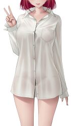 Rule 34 | 1girl, :p, absurdres, arm at side, breast pocket, breasts, buttons, collared shirt, cowboy shot, earrings, facing viewer, hand up, head out of frame, highres, hololive, hololive english, irys (hololive), jewelry, large breasts, legs apart, long sleeves, medium hair, nail polish, no pants, open collar, open mouth, panties visible through clothes, partially unbuttoned, pocket, red hair, red nails, see-through, see-through shirt, shirt, simple background, sleeves past wrists, smile, solo, somebody (leiking00), thighs, tongue, tongue out, v, virtual youtuber, white background, white shirt